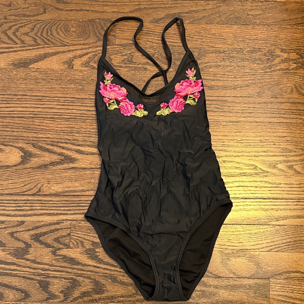 Black Swimsuit with Pink Floral Embroidery